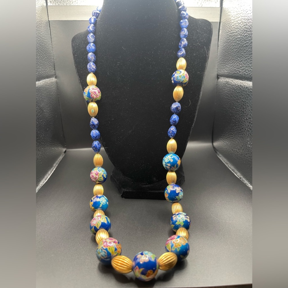 Floral blue and gold necklace